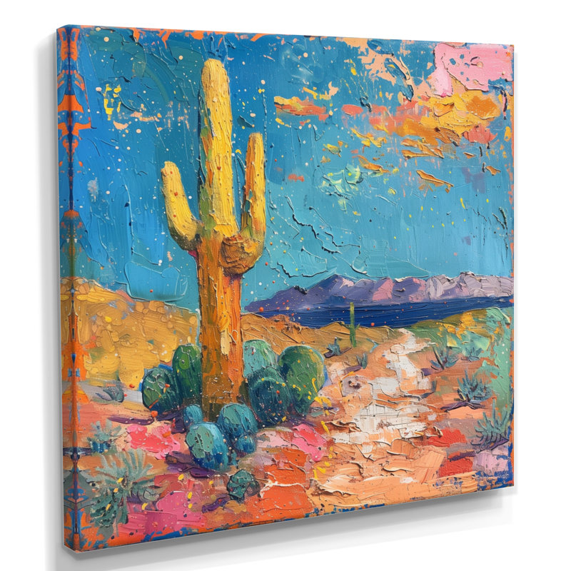 Jaune jaune, bleu du sud-ouest, désert, cactus - impression d'art mural cactus floral, Toile tendue, 44" H x 44" W
