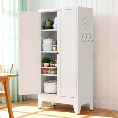 47.3" White Metal Kitchen Pantry Cabinet Adjustable Storage with 3 Shelves (110lb Capacity), Heavy Duty Freestanding Pantry Organizer for Kitchen, Pantry, Living Room