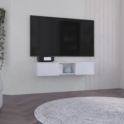 Meuble télé flottant, console murale élégante avec 2 portes, blanc