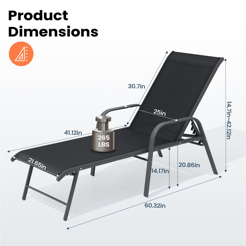 Chaise longue inclinable d'extérieur en aluminium, Structure noire / coussin noir