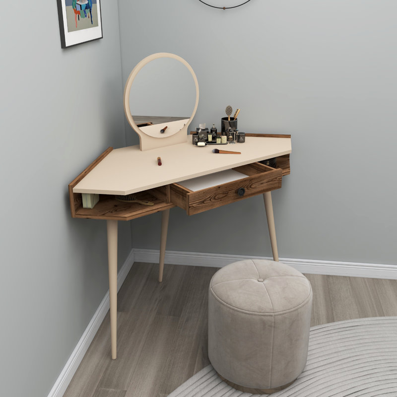 Bristoly Dressing Table with Mirror, Light Walnut/Beige