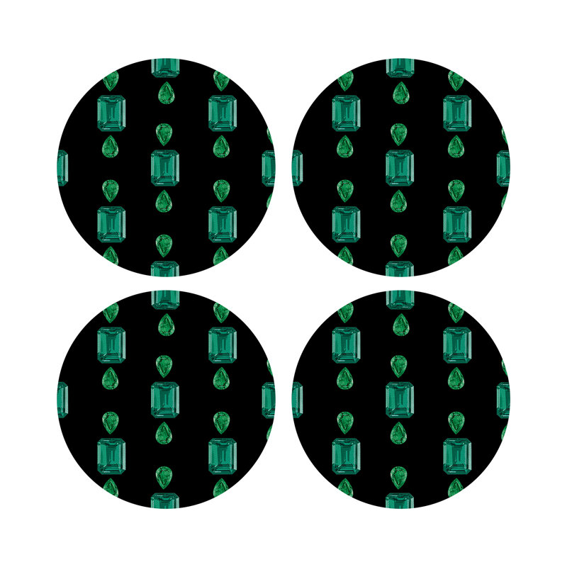 Gem Emeralds Gold Vegan Leather Round Coasters, Black