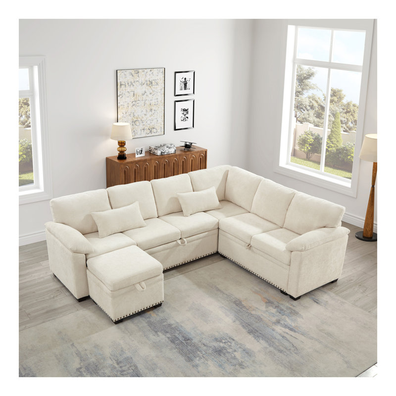 Canapé d'angle modulaire en L 97 po avec siège et repose-pieds de rangement en L 97 po, canapé d'angle en chenille avec 7 sièges et 2 coussins pour le salon, beige