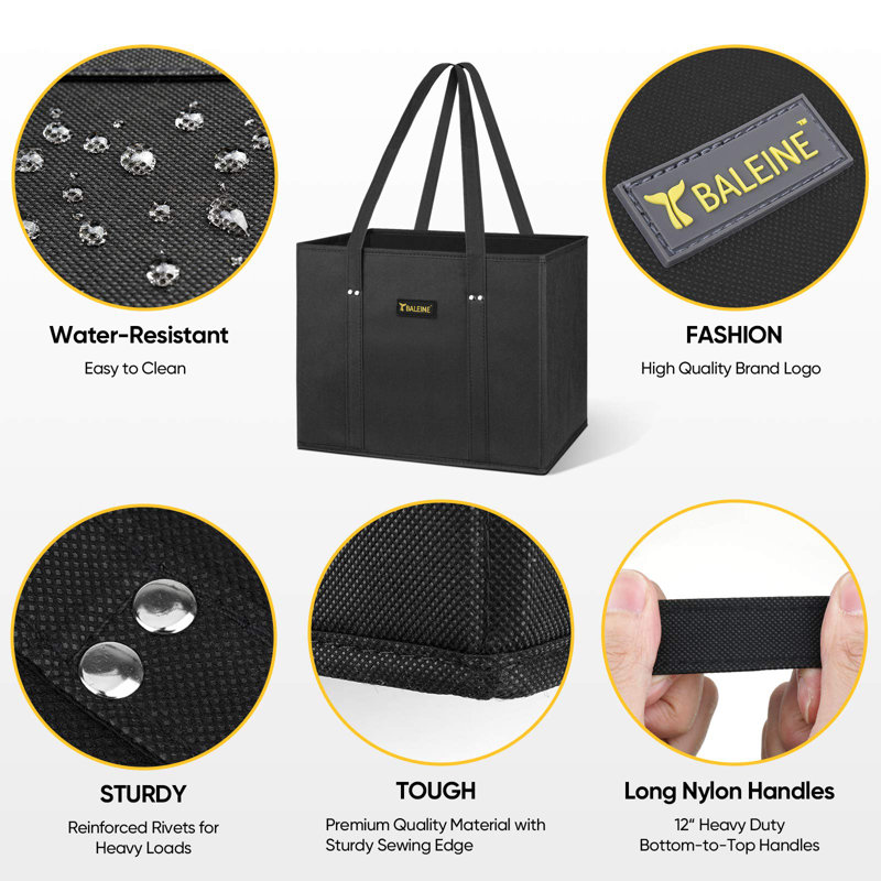Ensemble de 3 sacs de magasinage réutilisables et pliables avec fond renforcé et poignées, noir