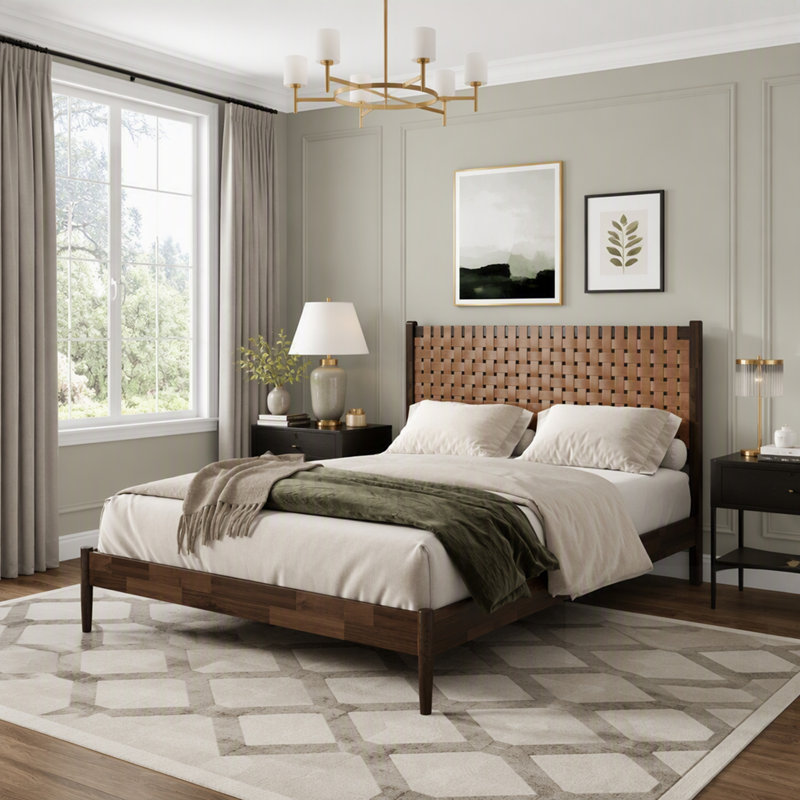 Lit plateforme en bois d'acacia massif avec tête de lit en cuir végétalien tissé à la main, style Mid-Century moderne, sans sommier