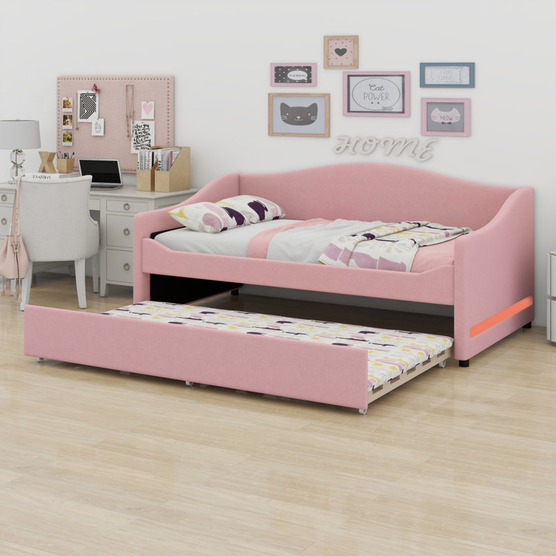 Upholstered Daybed With Light And Trundle, Pink
