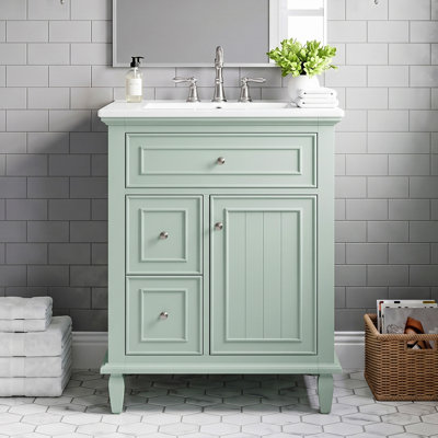 Meuble-lavabo autoportant 24 po en bois massif + panneau de fibres à densité moyenne avec lavabo intégré en céramique, meuble de salle de bain vert avec charnières et glissières à fermeture en douceur, tablette réglable, tiroir et poignées basculants