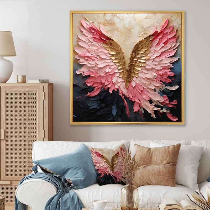 Pink And Gold Angel Wings - Abstract Spirals Framed Canvas Print Wall Art, Floater Framed, 36" H x 36" W, Gold