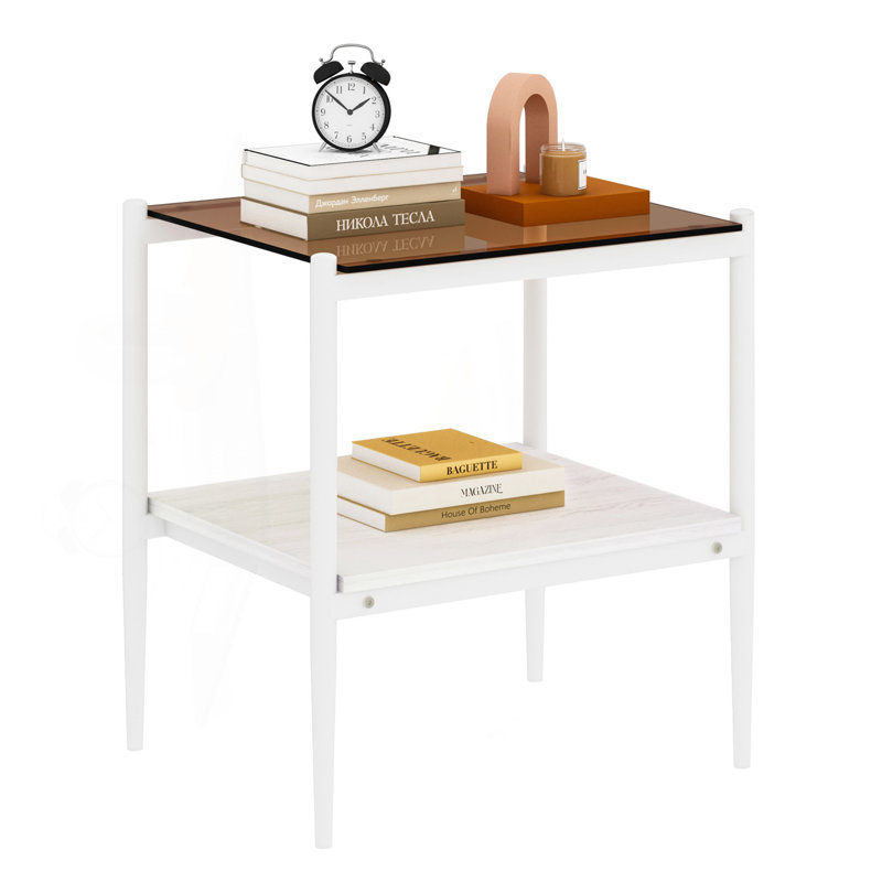 Ensemble de 2 tables de bout rectangulaires, plateau en verre trempé avec panneau de fibres à densité moyenne, table moderne pour le salon, verre brun