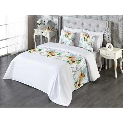 Ambesonne Flowers Colorful Bed Runner Set Nature Feel Spring Green Pale Blue and Orange