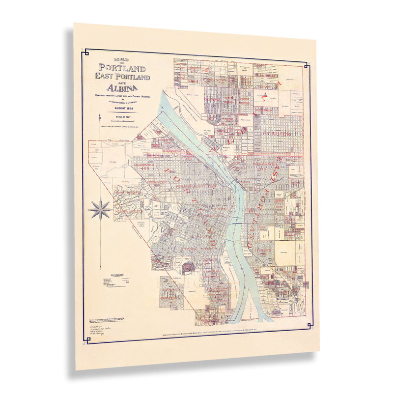 "1889 Portland, East Portland & Albina Map Art mural" sur, H 20 po x l 16 po
