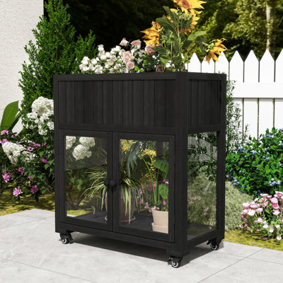 Wooden Cold Frame Greenhouse with Polycarbonate Doors, Drainage System and Removable Wheels