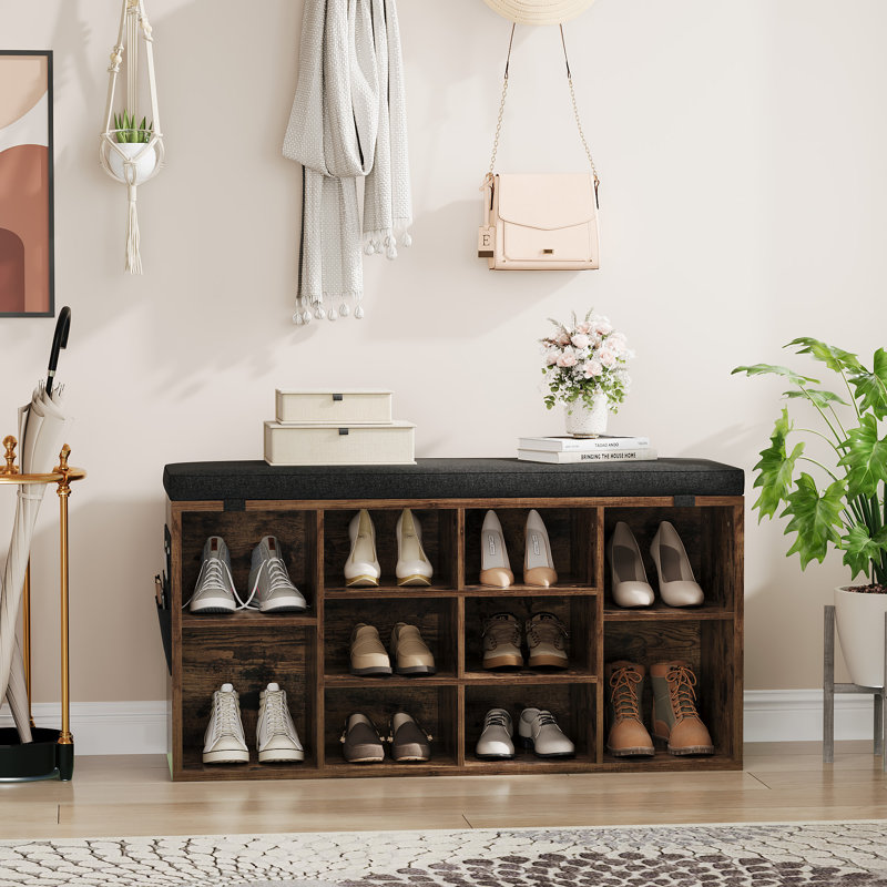 Shoe Storage Bench with Cushion – 41" Cabinet with Adjustable Shelves & Side Bag, 10-Compartment Shoe Rack Organizer for Entryway, Hallway, Mudroom (Retro Color)