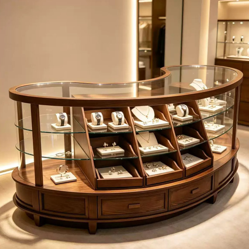 47.24"Dark Brown Wood-Grain Solid Wood Multi-Layer Board Curved Jewellery Display Cabinet