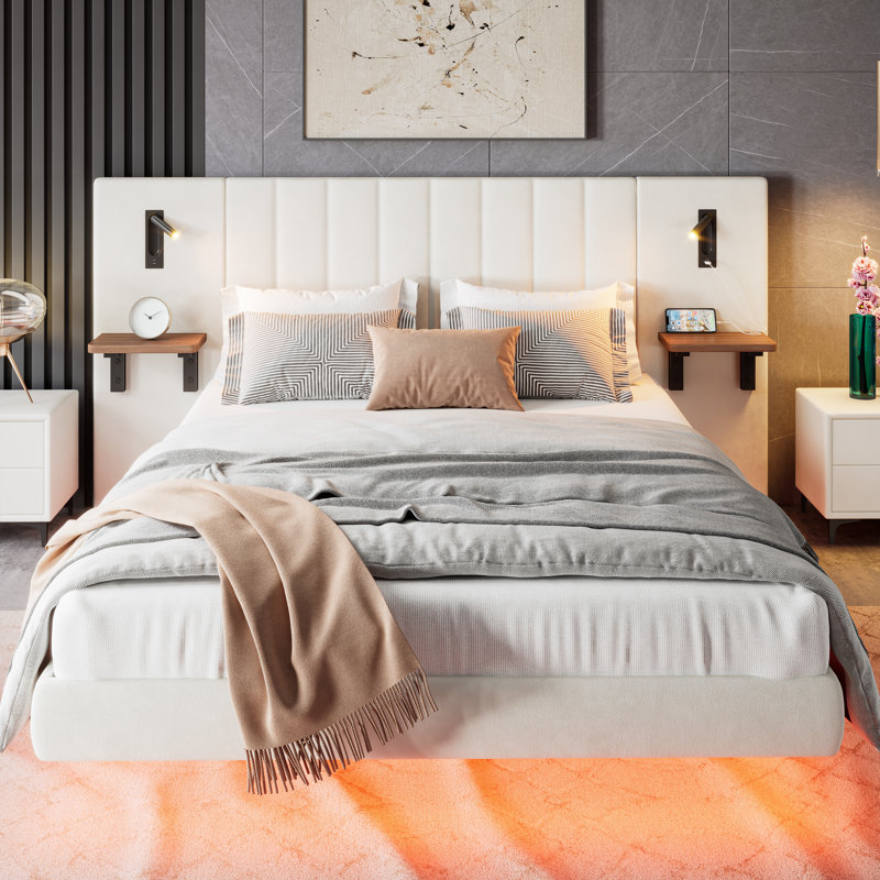 5ft Upholstered Bed With Headboard And 2 Lamps, Double (4'6), White