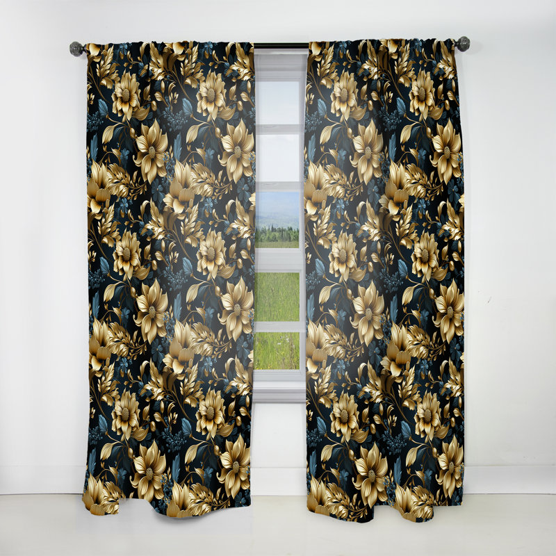Dark Blue And Golden Gilded Damask Glamour IV - Bohemian Curtain - Velvet Room Darkening - 1 Panel, 52" W x 95" L