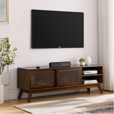 59 Inch Mid Century Modern TV Stand For 65 Inch TV, Entertainment Cabinet, Media Console For Living Room Bedroom Media Room, Solid Wood Feet & Rattan -  George Oliver, B284E1C7B7C54037921DBFCA9630D05B