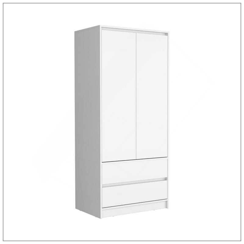 Armoire 2 tiroirs Austin, porte double, tringle, Blanc