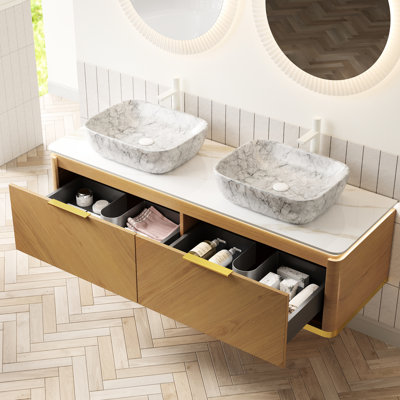 Meuble-lavabo flottant de 60 po avec capteur, 2 tiroirs, système de tiroir à fermeture en douceur, vasques en céramique à motif marbré, comptoir en pierre frittée, armoire gris chêne
