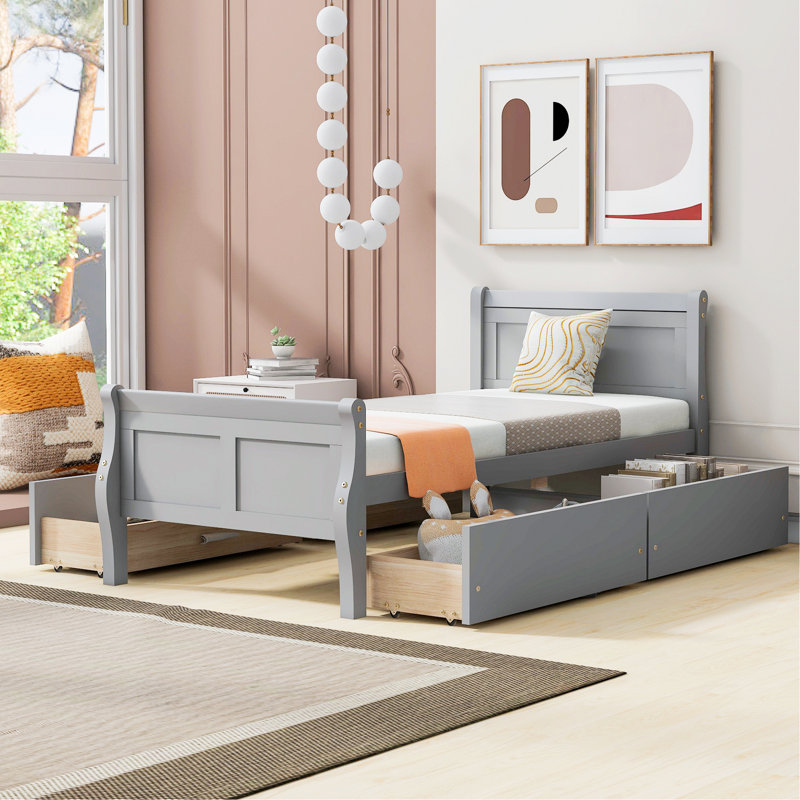 Lit plateforme avec rangement en bois massif Sebbie, Simple, Gris