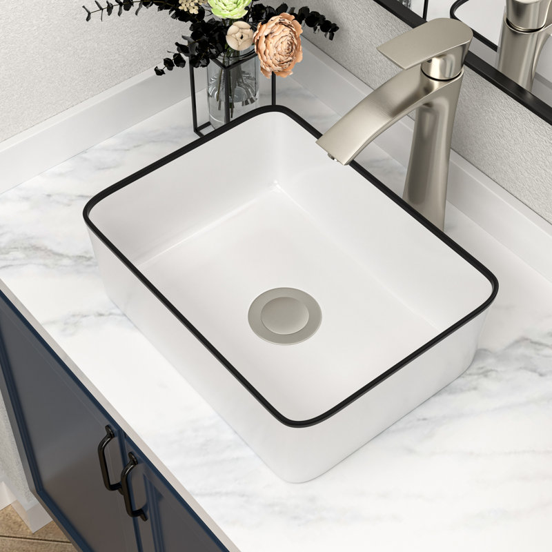 16 x 12 Inch Ceramic Rectangular Vessel Bathroom Sink Above Counter White Sink Bathroom Vessel Sink, White/Black