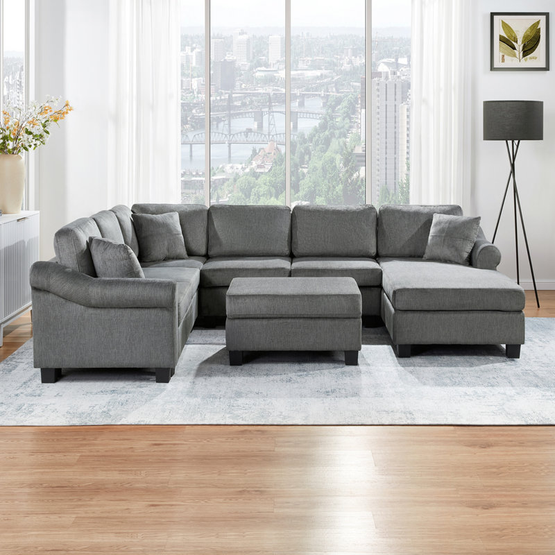 Sectional Sofa 111.8" U-Shaped Sofa Chenille Upholstered Sofa Couch With Movable Storage Ottoman For Living Room