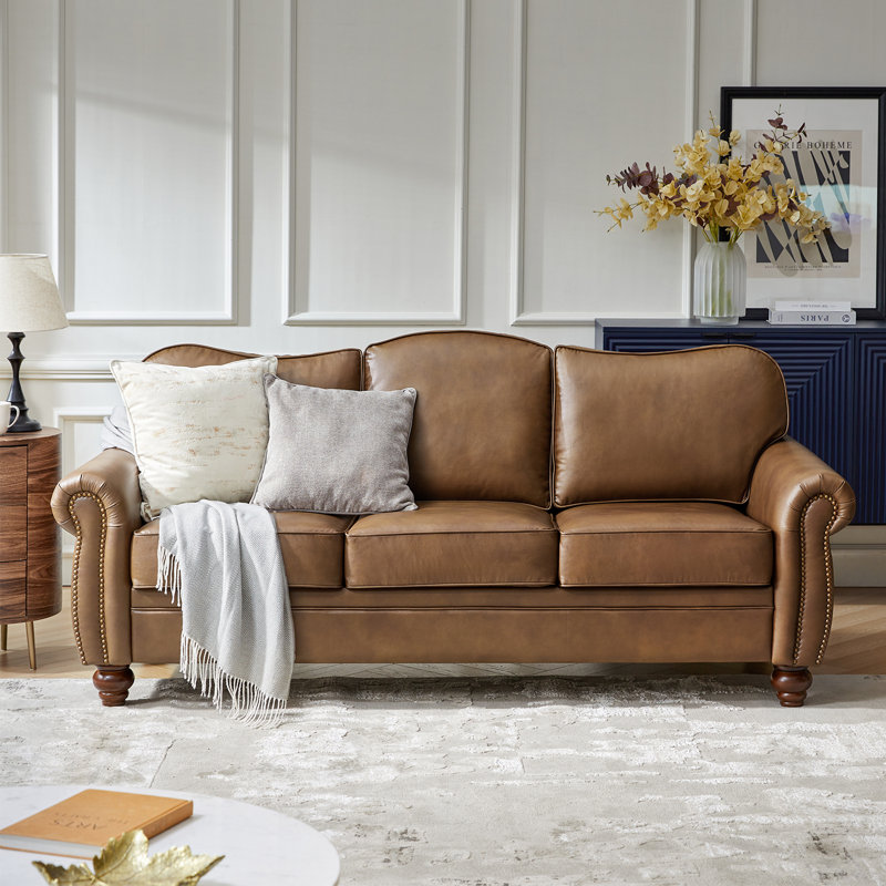 Dielle Transitional 81" Wide Leather Sofa with Solid Wood Legs, Brown