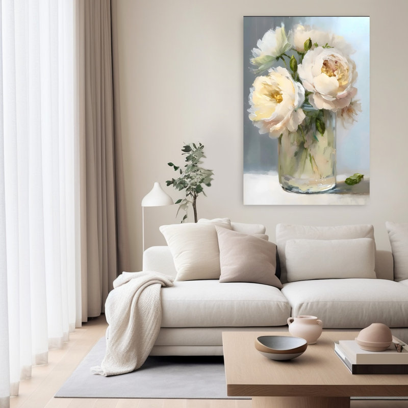 Pivoine jaune pâle et rose dans un vase, art contemporain classique délicat
