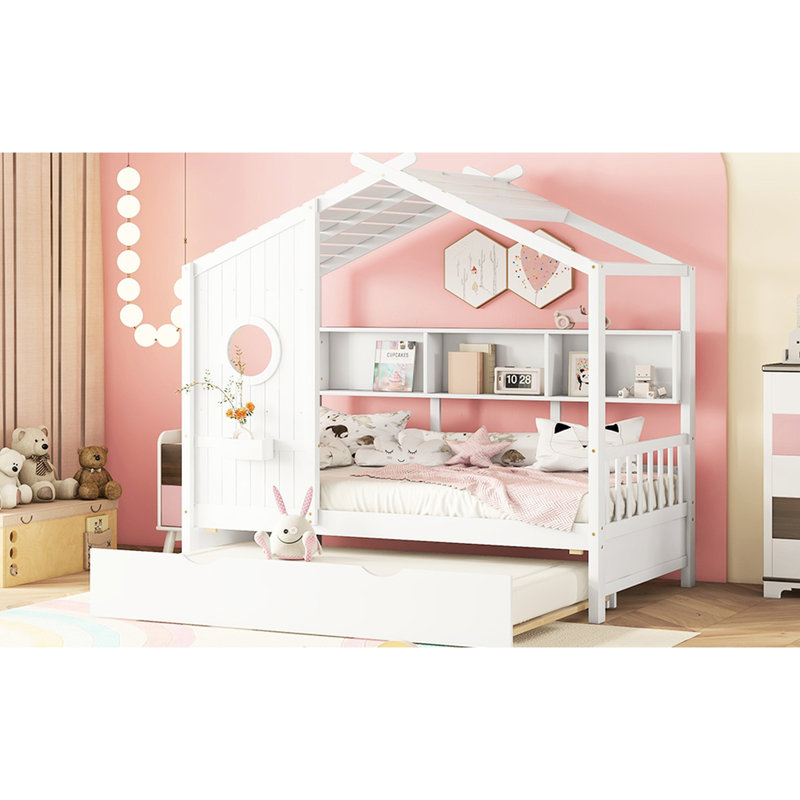 Twin Size Wooden House Bed In White, Modern Design For , Trundle Extra Sleep, Shelves Decorating White With Trundle, Pinewood Build, Displaying Mini - Books