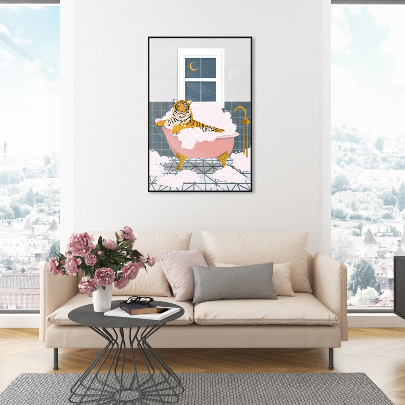 Bath Bath Tiger - peinture à cadre flottant sur toile, H 45 po x l 30 po, Cadre noir