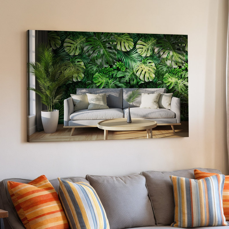 La toile crée un décor de salon confortable avec un canapé mural gris clair orné de coussins moelleux placés devant une toile murale