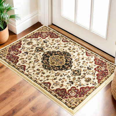 Tapis classique à motif de médaillon crème - Style intemporel pour salon et chambre