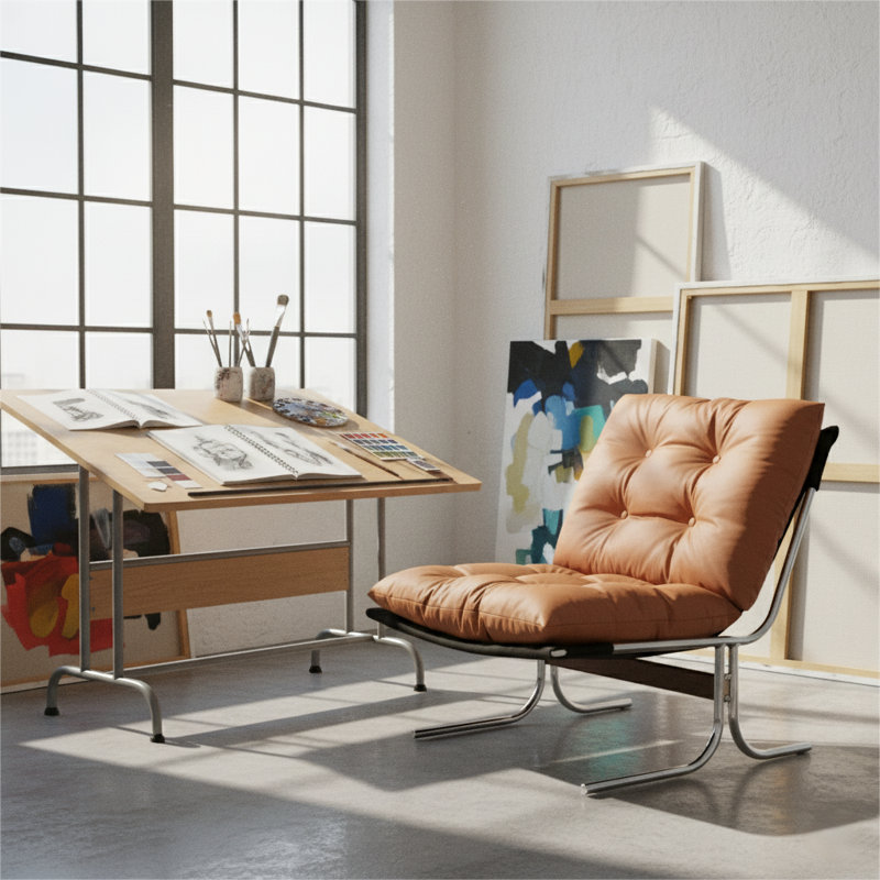 Mid-Century Modern Leather Bauhaus Inspired Lounge Chair