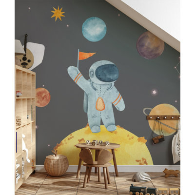 Space Astronaut Rockets Kids Wallpaper in Dark Gray