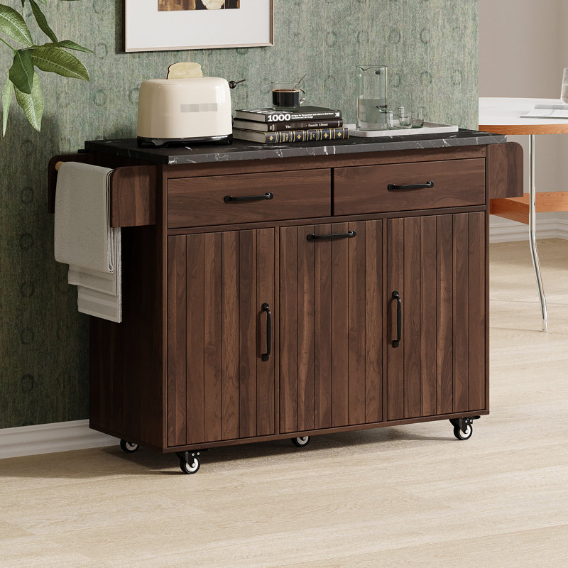 Walnut Kitchen Cart With Tilt-Out Trash Can Storage, Drop Leaf, Adjustable Shelves, Spice Rack, Towel Rack Island Cabinet 9 Capacity -