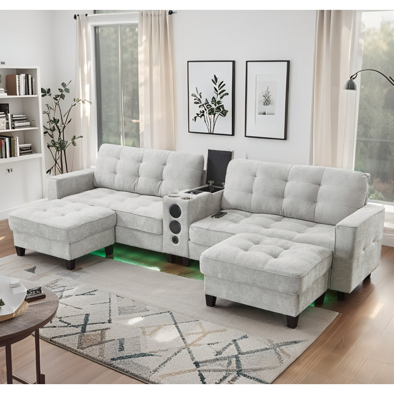 Canapé modulaire intelligent en forme de U, haut-parleurs Bluetooth et lumières RVB, Blanc