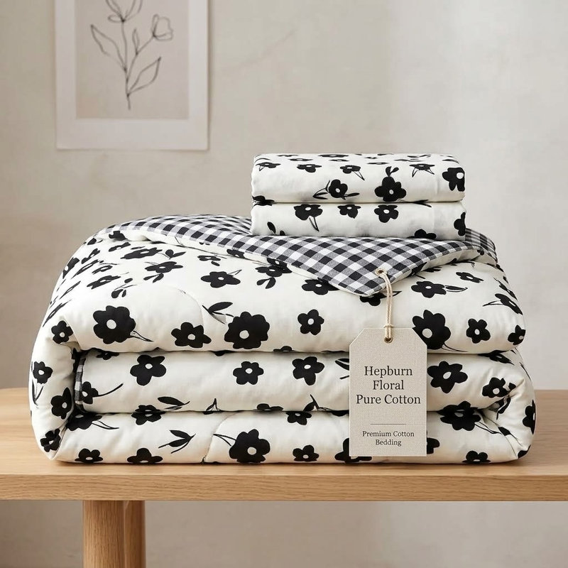 Hepburn 100% Cotton Black White Floral Reversible Comforter Set with Pillowcases, Queen Comforter + 2 Standard Shams