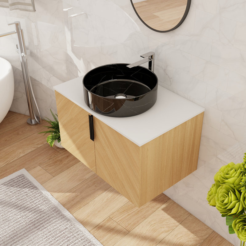 30'' Single Floating Bathroom Vanity With Ceramic Art Sink, Wall Mounted Bathroom Vanity With 2 Soft Close Doors, Black/White