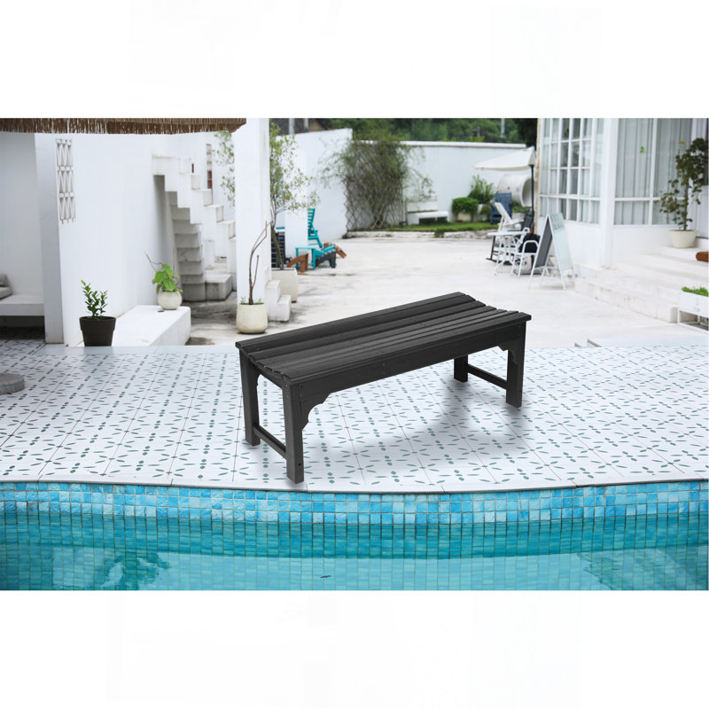 Backless HDPE Adirondack Bench With Wood Texture, Poly Lumber Seat For Patio, Backyard, Balcony, All Weather Resistant With UV Protection, Black