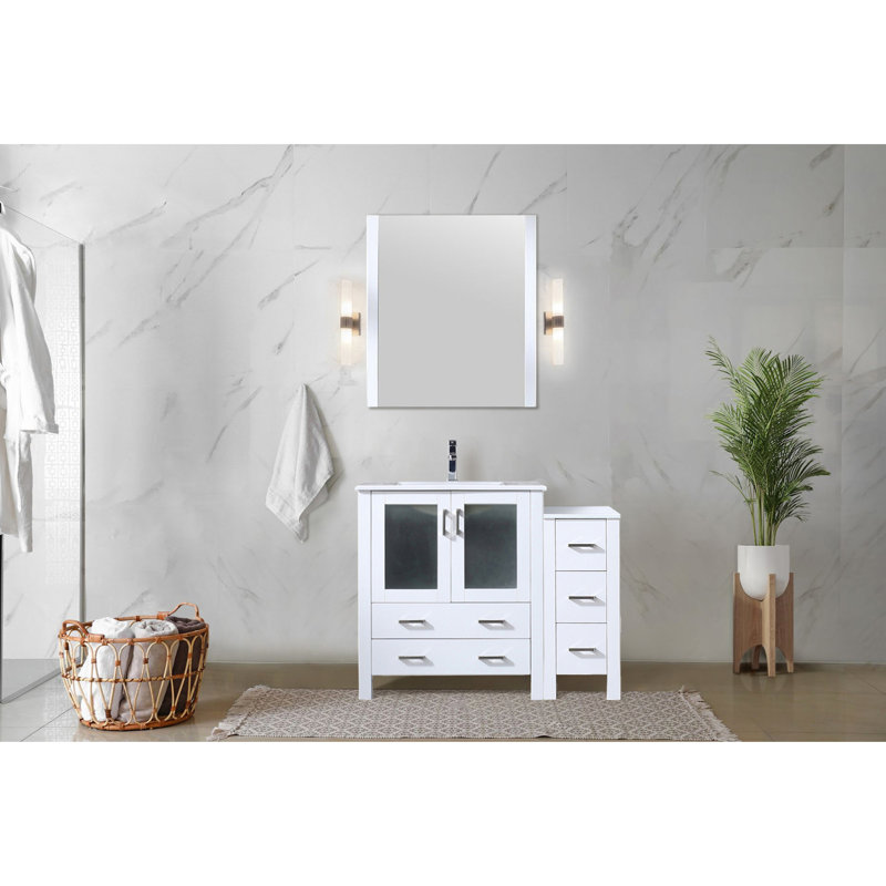 Meuble-lavabo en céramique blanche de 107 cm (42 po), armoire latérale, robinet, miroir de 71 cm (28 po) - Résistant aux égratignures et aux taches sur le dessus blanc et les ébréchures