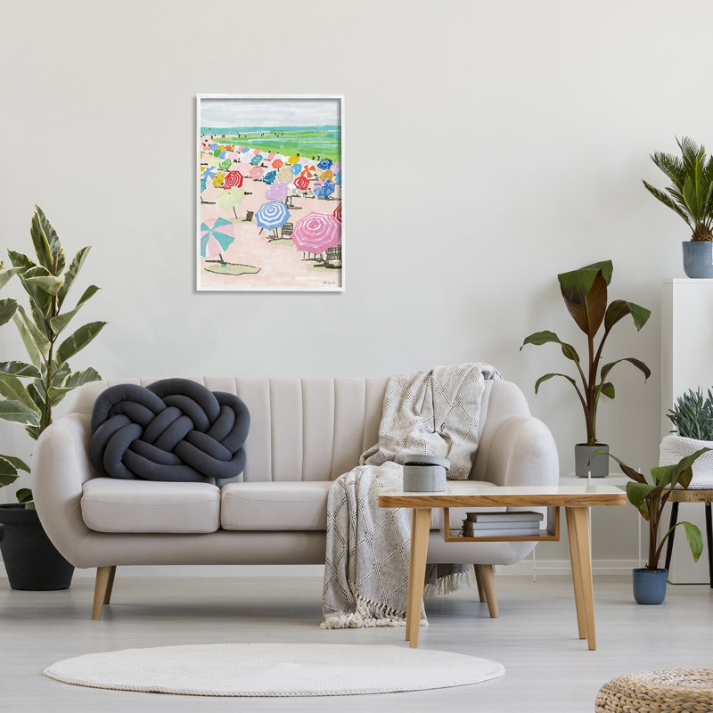 «Pastel Umbrella», plage remplie à l'aquarelle, paysage surdimensionné encadré par estampe numérique par Stellar Design Studio