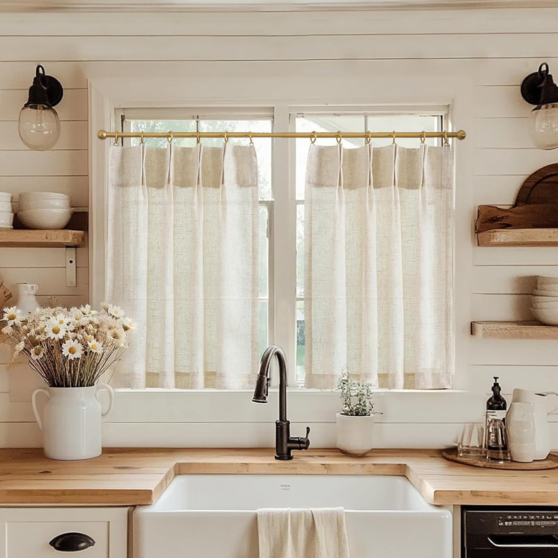 Linen Pinch Pleated Kitchen Curtains Tier Curtains Light Filtering Small Window Drapes for Kitchen, Beige, 26" W x 24" L
