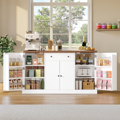 Buffet de style champêtre avec prise électrique intégrée, 1 tiroir et étagères réglables, meuble de rangement à 4 portes