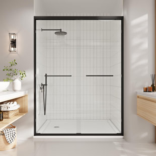 56-60" W X 72 "H Semi-Frameless Double Sliding Shower Door with 1/4"（6mm) Clear Tempered Glass, Aluminum Frame, Matte Black