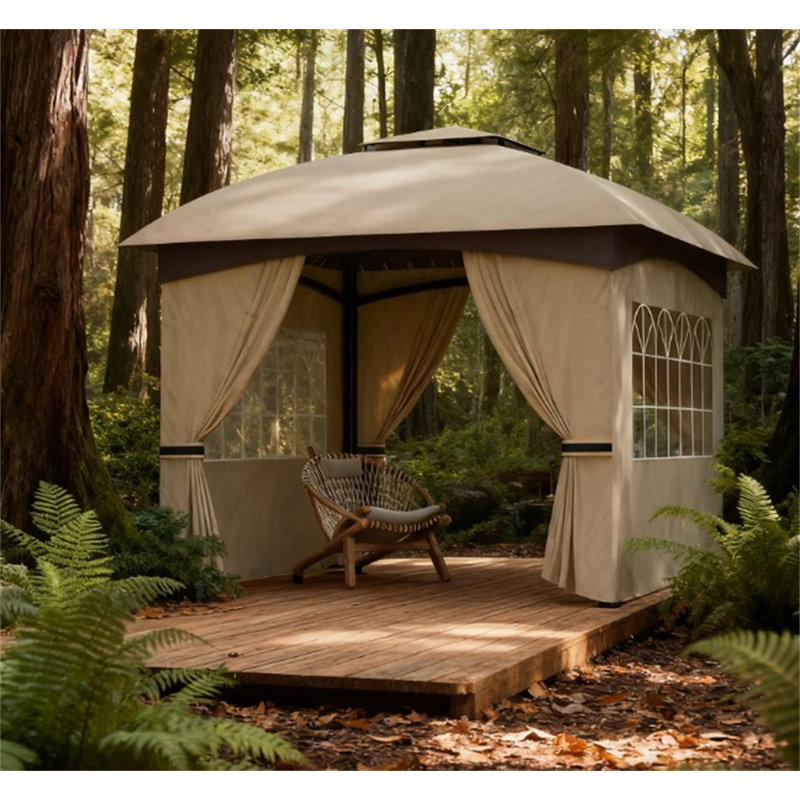 Double Roof Patio Gazebo,Elegant Design Gazebo,With Curtains,Church Windows,For Outdoor, Light Gray
