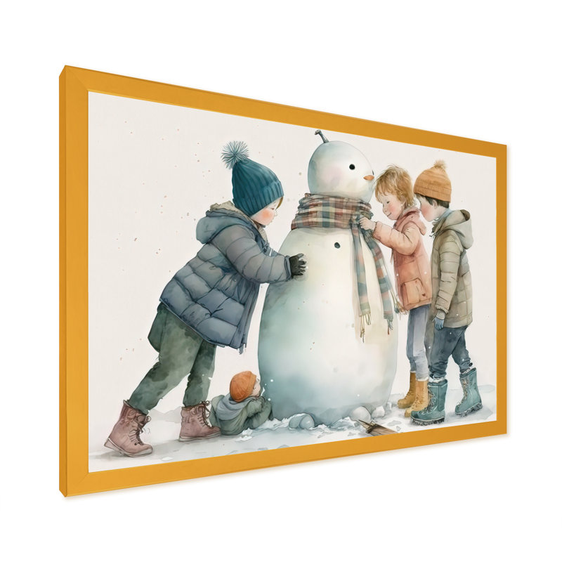 «Kids Building a Huge Snowman IV», peinture sur toile, H 30 po x l 40 po x P 1,5 po, Impression dorée sur toile encadrée