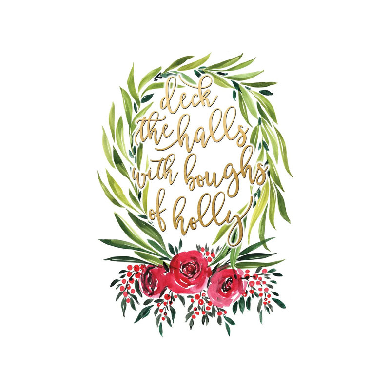 Floral Wreath Deck The Halls by Blursbyai - Gallery-Wrapped Canvas Giclée on Canvas, Canvas, 20.32 cm H x 30.48 cm W