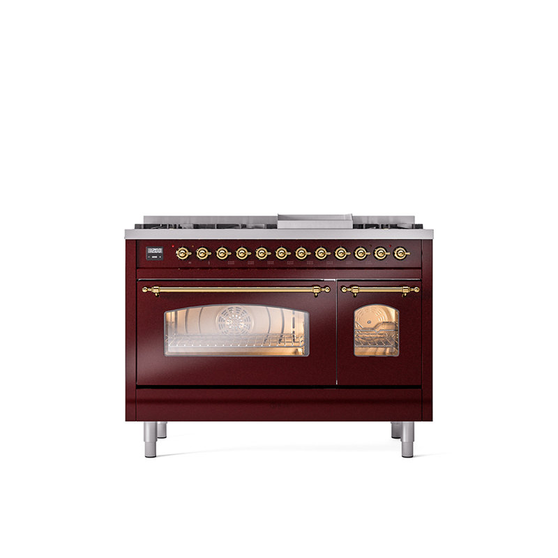 ILVE Nostalgie II 48 Dual Fuel Range , Burgundy/Brass, Liquid Propane