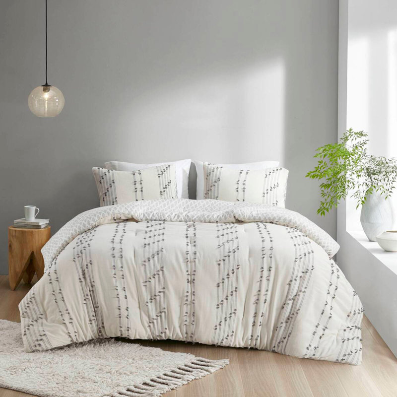 3 Piece Cotton Jacquard Comforter Set Ivory, Full/Double Comforter