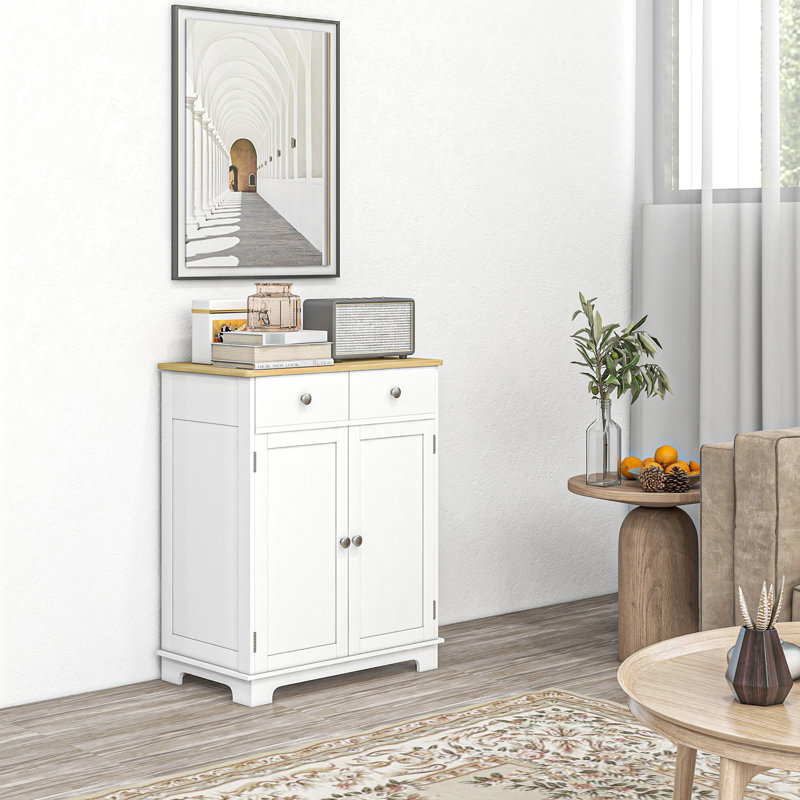 Buffet de cuisine moderne en bois massif patiné avec 2 tiroirs, portes et tablette ajustable